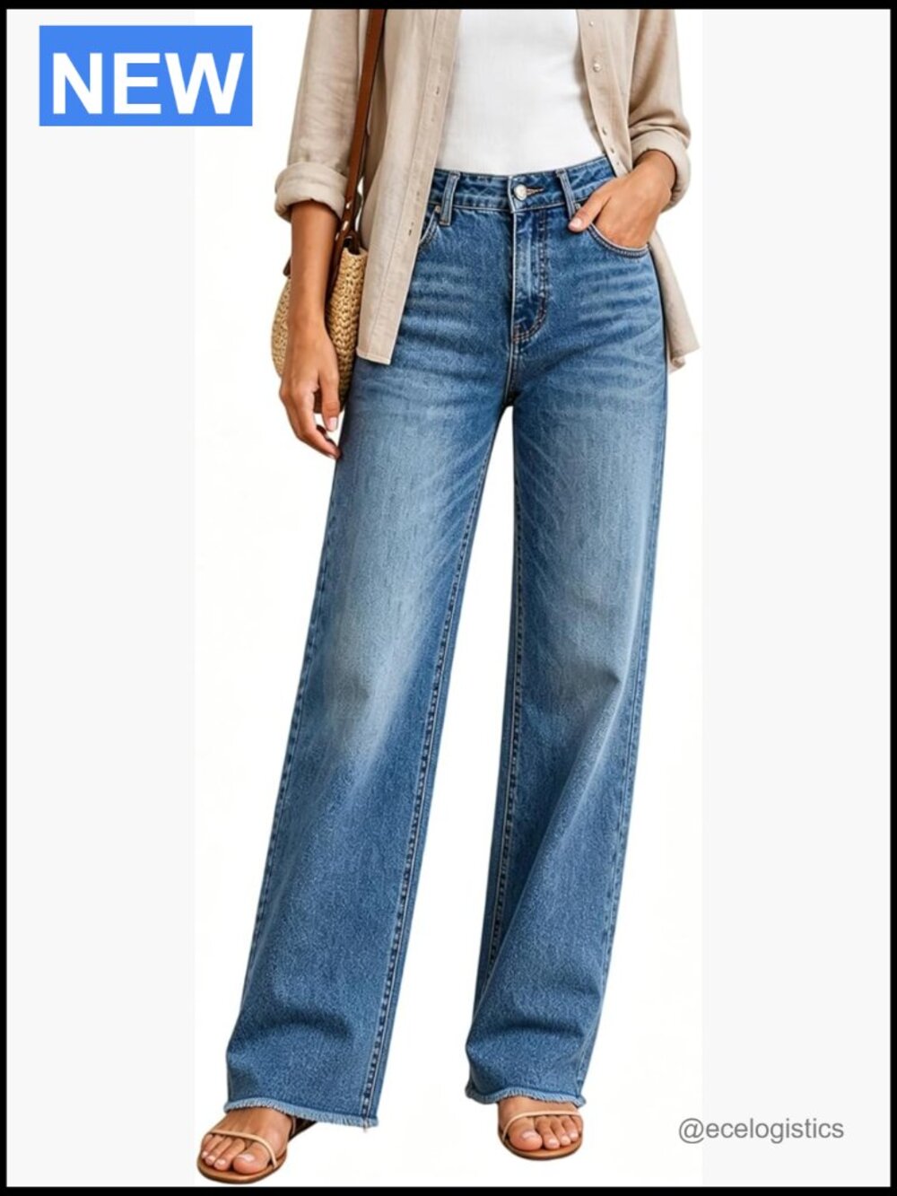 High Waisted Straight Leg Jeans Stretchy Tummy Control Raw Hem Denim Pants